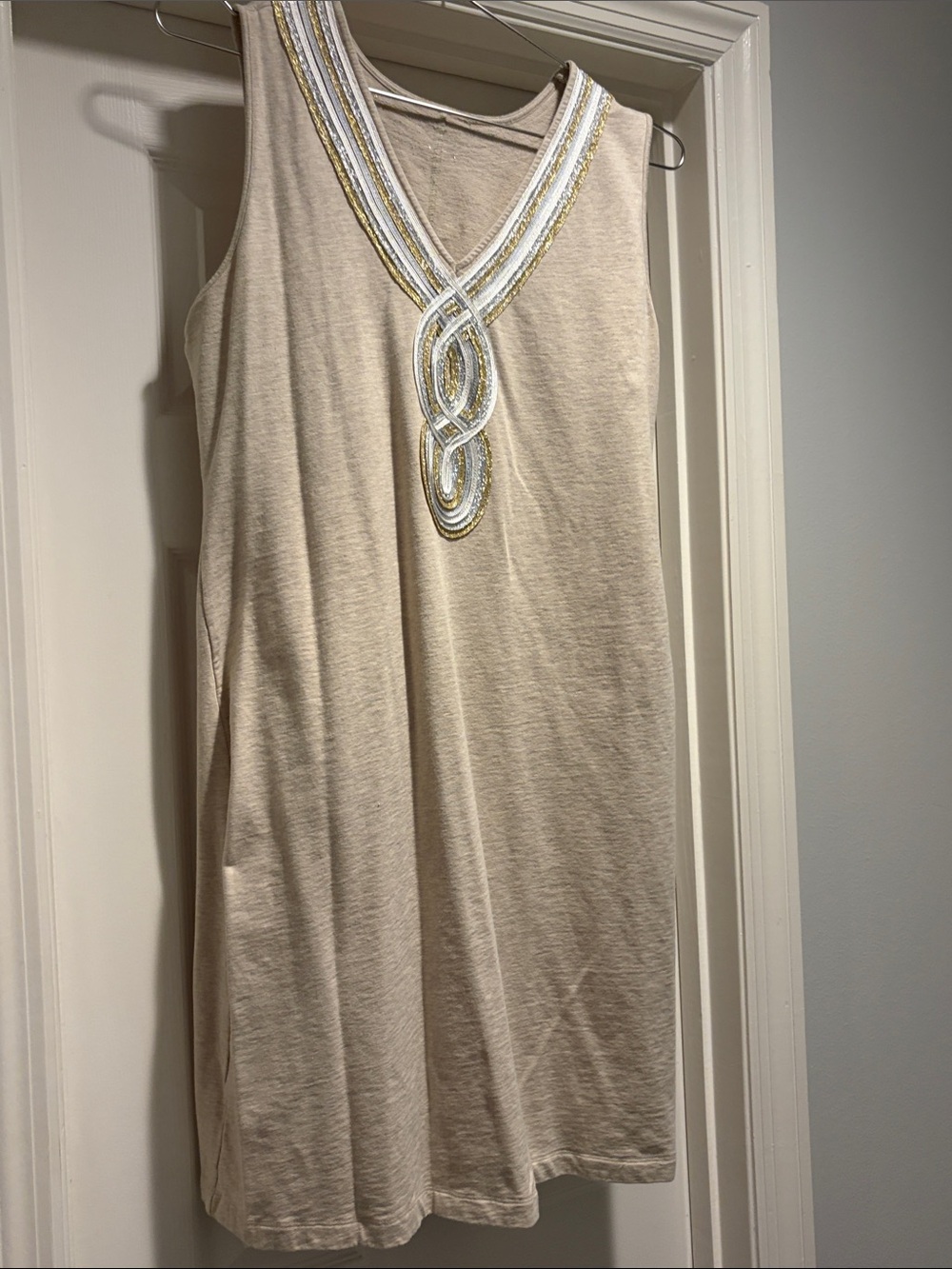 Catherine Malandrino Cream Tank Dress with Gold & White Beading